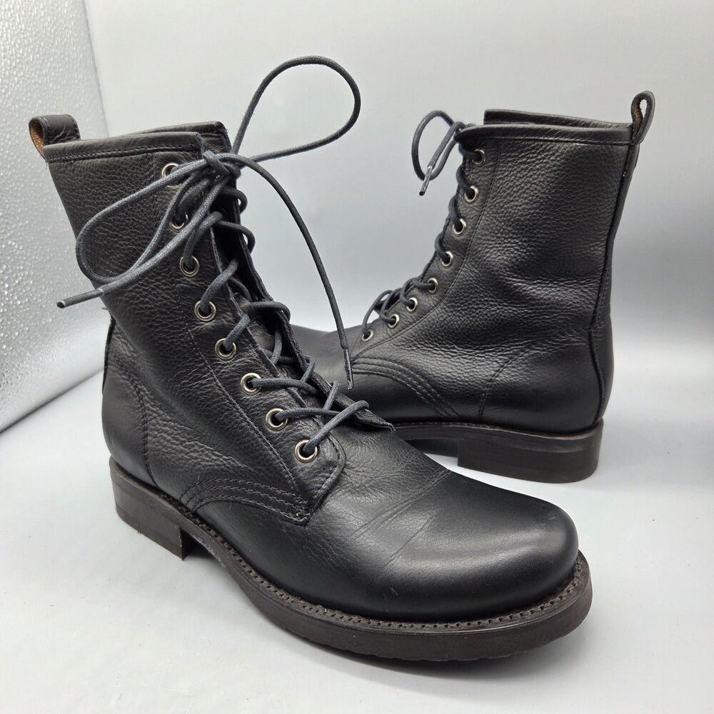 Frye Veronica Women's Size 7.5 Black Leather Combat Boots lace-up mid-calf